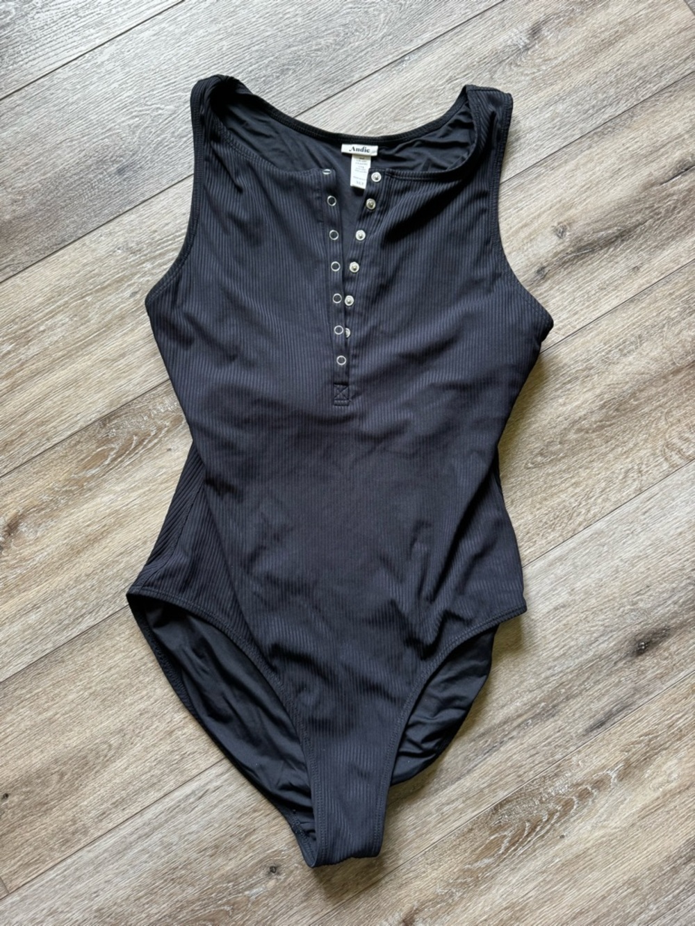 Andie Black Ribbed Snap-Front One-Piece Swimsuit